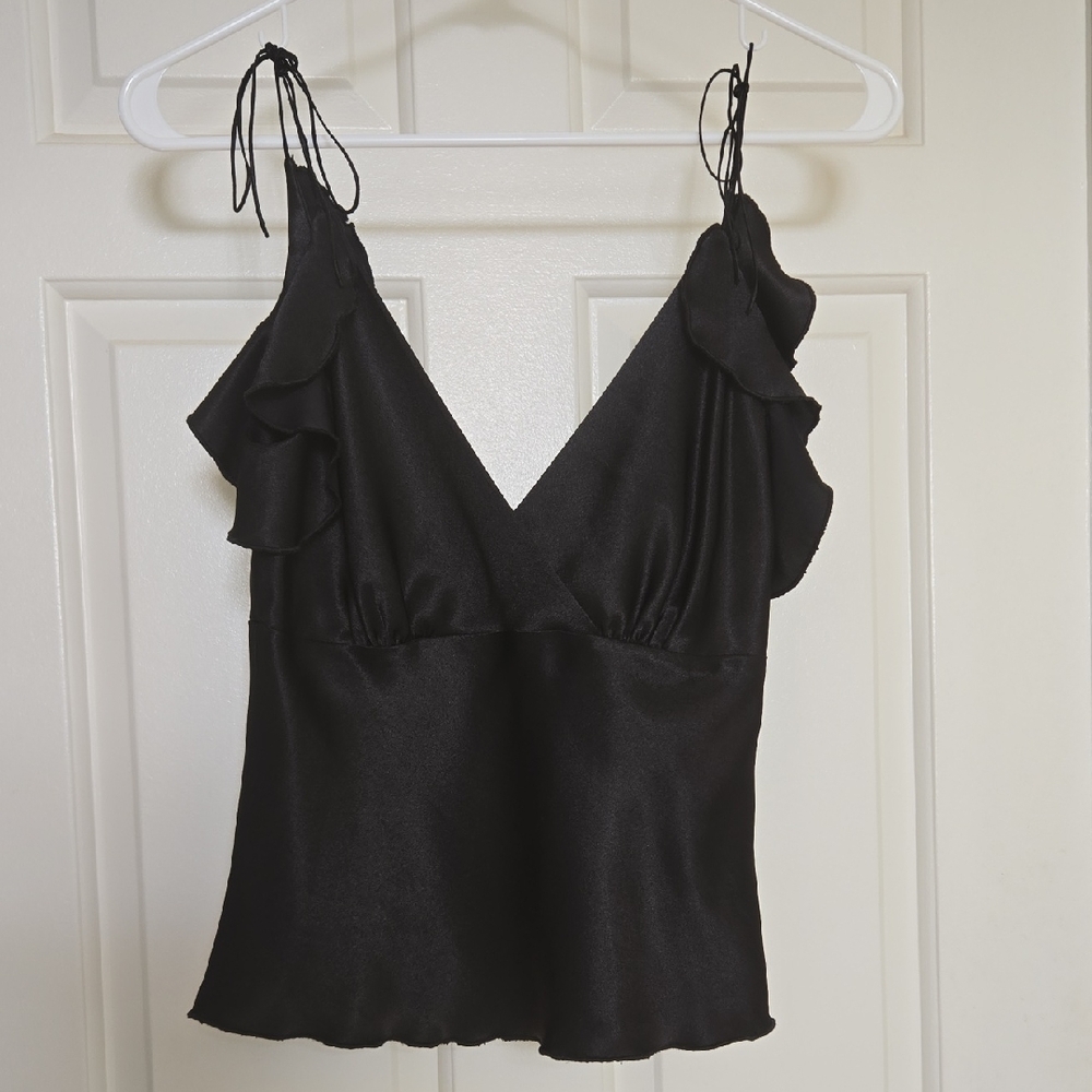 Silky Black Ruffled Tie Strap Camisole